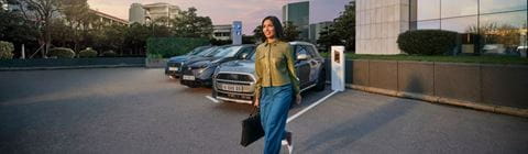 Woman walking on parking lot